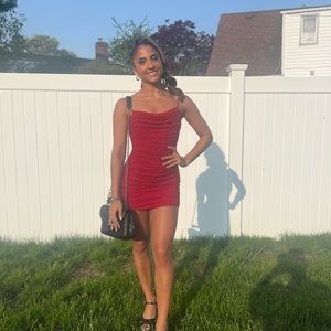 Oh Polly SEYCHELLES Embellished Cowl Neck Mini Dress in Red